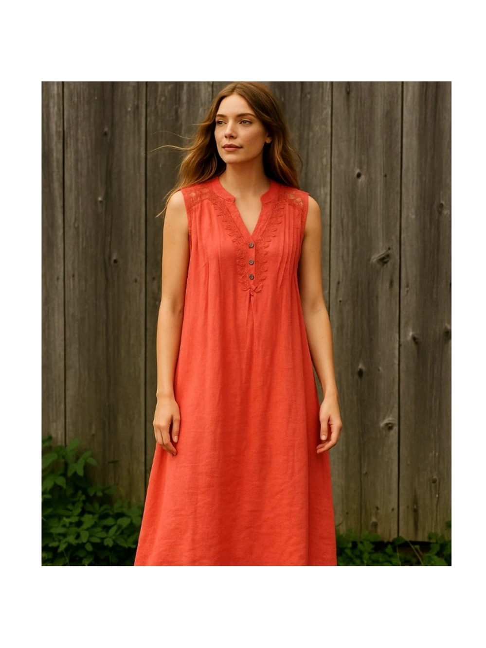 Alessia Pacini 100% Linen Lace & Pintuck Tunic Dress in Coral – Women’s Sz 2X